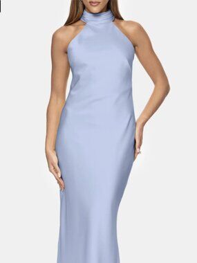 Xscape Sky Blue Satin Halter Gown – Size 10 NWT – Open Back Formal Maxi Gown